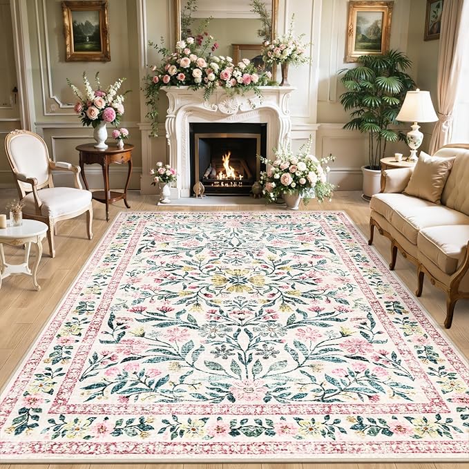 PLHXFR Area Rug 9x12 Living Room: Floral Washable Boho Carpet Pink Green | by PLHXFRSoftAreaRugs