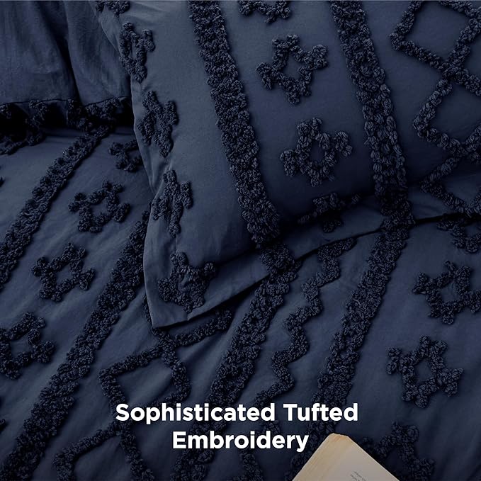 Bedsure Tufted Boho Comforter Set Twin Size - Navy Boho Bed Set, GentleSoft™ 2 Pieces Farmhouse Shabby Chic Embroidery Bedding, Gifts for Woman, Soft Jacquard Twin Comforter for All Seasons