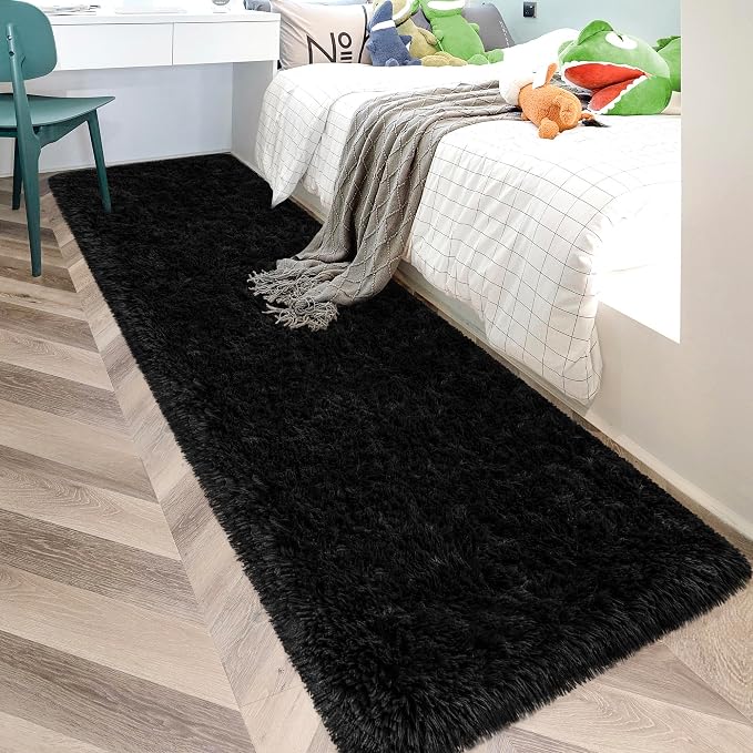 2x10 Bedside Area Rugs for Bedroom Soft Fluffy Shag Black Rug for Hallway by JiaoBaba