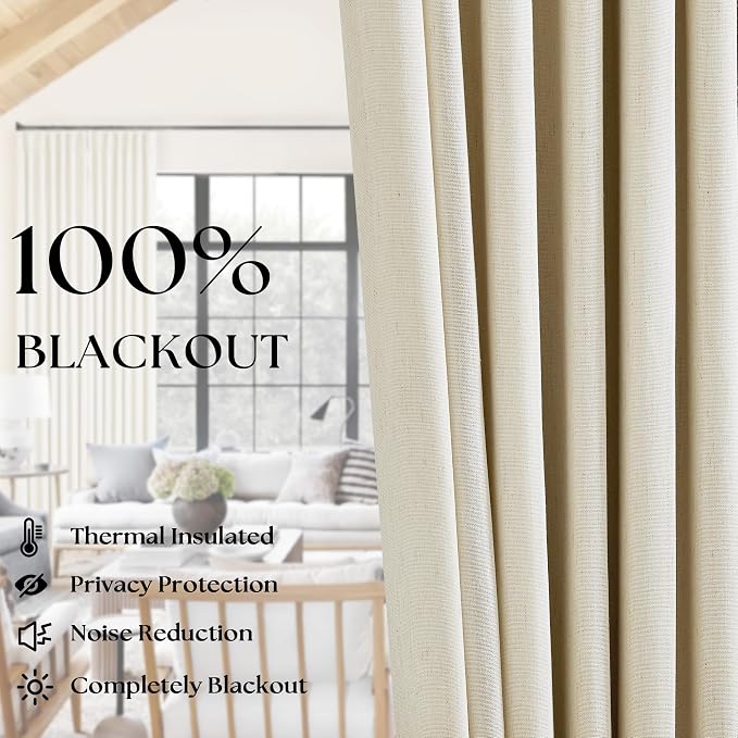 Cream Beige Pleated Black Out Linen 45 Inch Curtains - Image 3