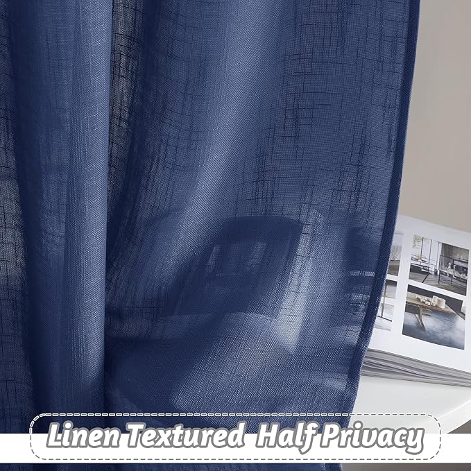 RYB HOME Sheer Curtains for Bedroom - Linen Textured Semi Sheer Curtains for Living Room Boys Nursery Patio Sliding Glass Door Sunlight Filtering, Wide 52 inch x Long 90 inch per Panel, 1 Pair