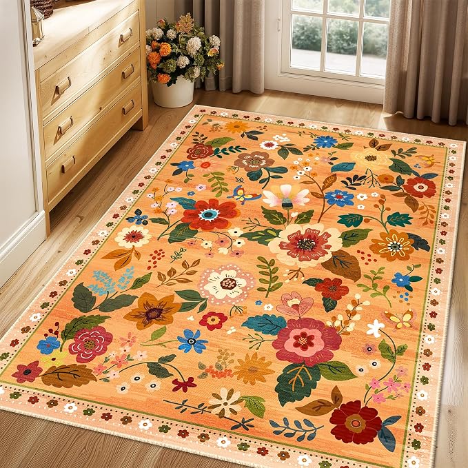RELEANY Floral Washable 4x6 Area Rugs Yellow/Orange/Red | Flower Carpet Print - Image 6
