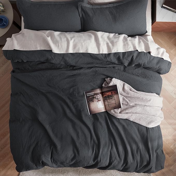 Bedsure Cotton Duvet Cover Set - 100% Cotton Waffle Weave Charcoal Duvet Cover Oversized King Size, GentleSoft™ and Breathable Bedding Set for All Season, 3 Pieces, 120"x98"