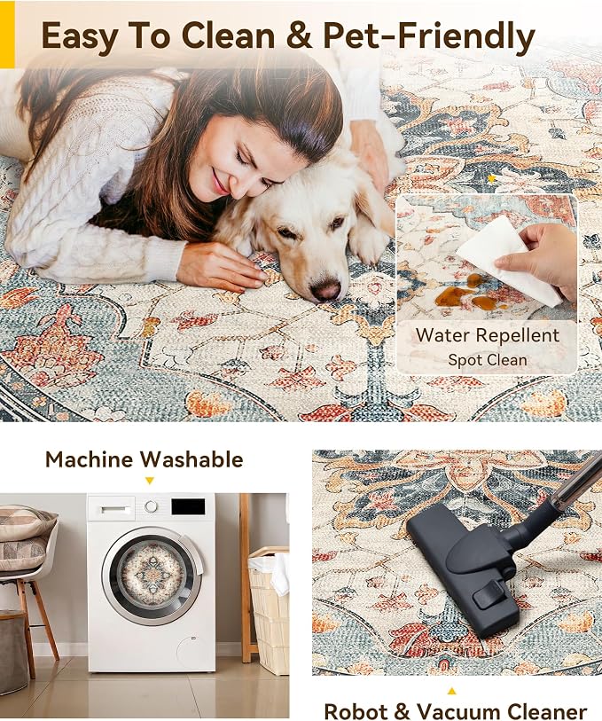 RELEANY Washable Area Rug, Round 7ft, Water Repellent, Pet Friendly, Vintage - Image 4