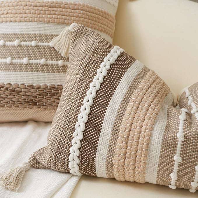 Brown Decorative Throw Pillow Cover 20x20 Square Boho Accent Pillowcase Tassels - Image 3