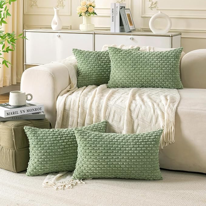 Set of 4 Sage Green Decorative Throw Pillow Covers 12x20 Inch Corduroy Pillow by Cozoomy