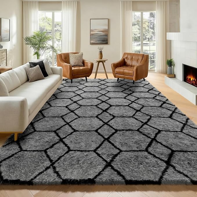 7x9 Area Rugs for Living Room Bedroom, Fluffy Grey and Black Geometric Rug | by ONASAR