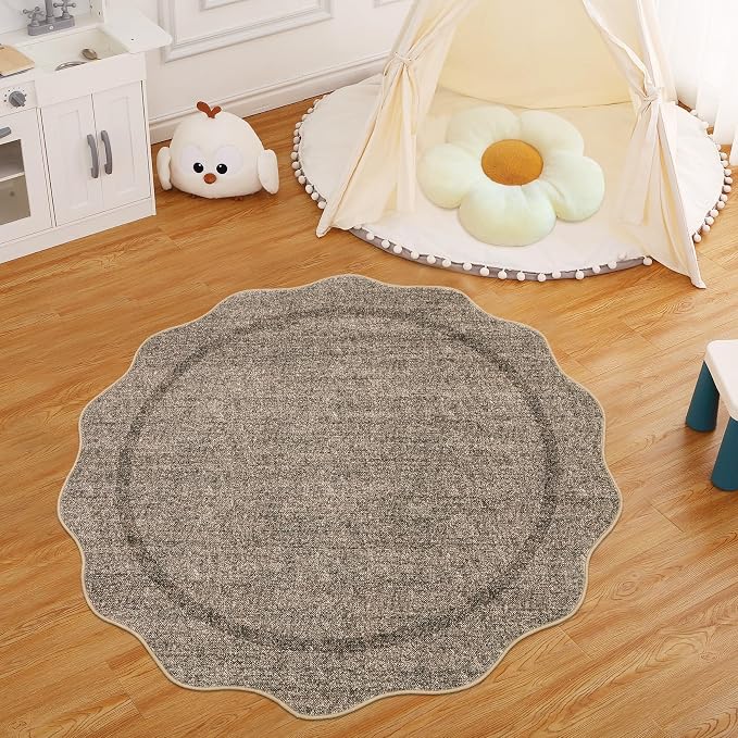GarveeHome Scalloped Round Washable Rug, Soft Modern Round Rugs 5ft, Taupe | - Image 7