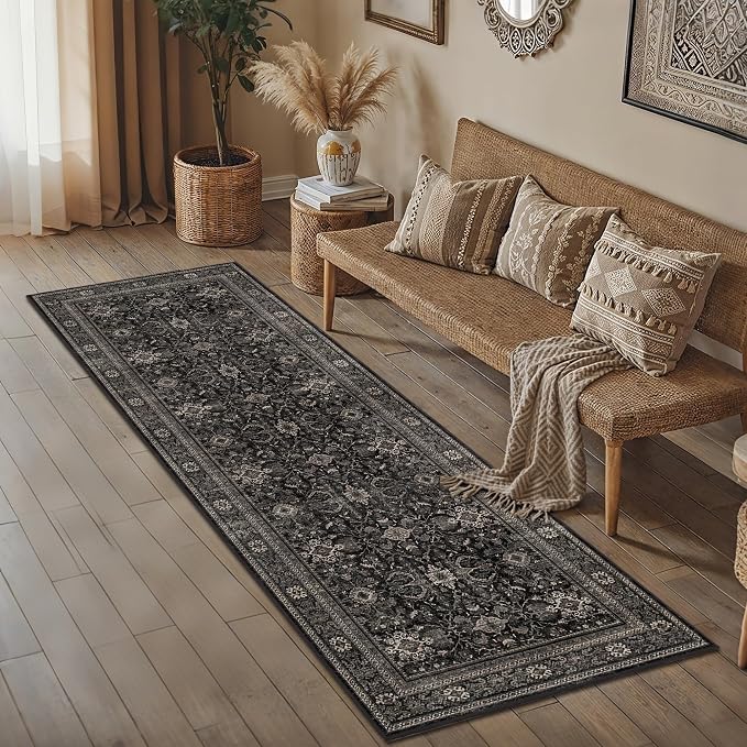 Schweek 2x5 Runner Rug Washable Vintage Non Slip Black Floral Hallway Rugs | - Image 3
