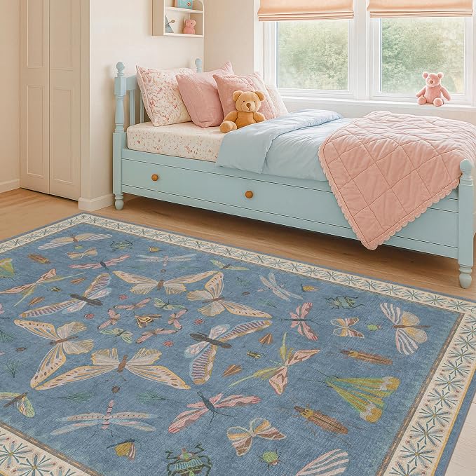 Washable Blue Rugs for Bedroom Bedside by HazoHaus