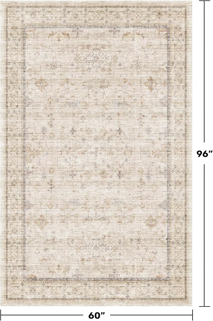 Ivory 5x8 Area Rug for Bedroom, Home Office, Washable Non Slip Dinning Rugs for - Image 2