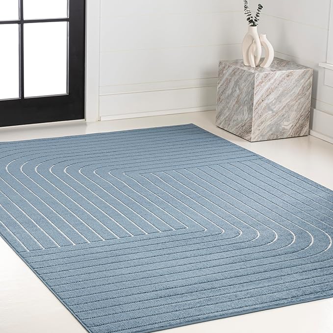 Eyely NCS101D-8 Odense High-Low Minimalist Angle Geometric Dark Blue/Cream 8 ft. x 10 ft. Indoor/Outdoor Area Rug, for Home, Backyard, Patio, Porch, Bedroom, Kitchen, Living Room