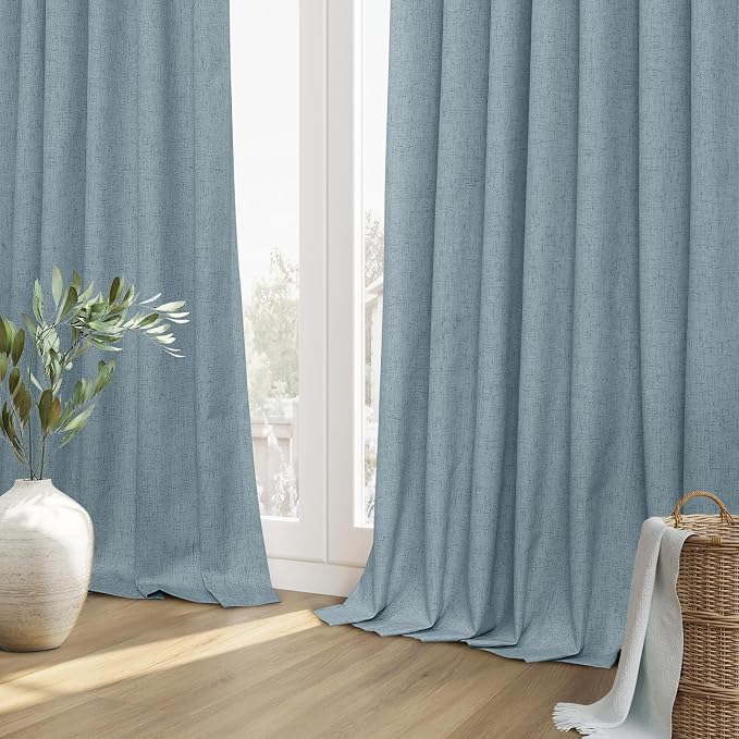 Blue 100% Blackout Linen Curtains 132 Inch Length 2 Panels Set - Image 8