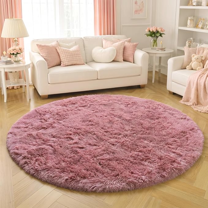 Amdrebio Blush Pink Small Round Furry Rug 3Ft - Image 5