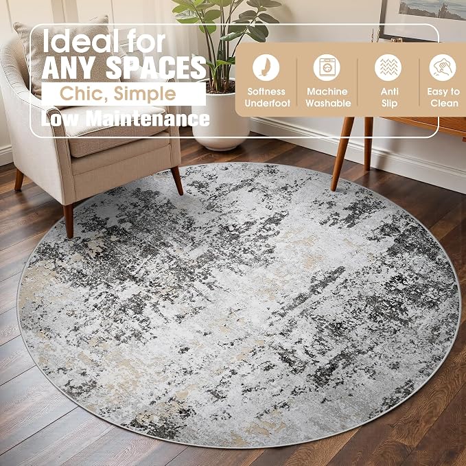 Round Rug 5ft Washable Rug for Dining Room Living Room Black Grey Gold | Modern - Image 3