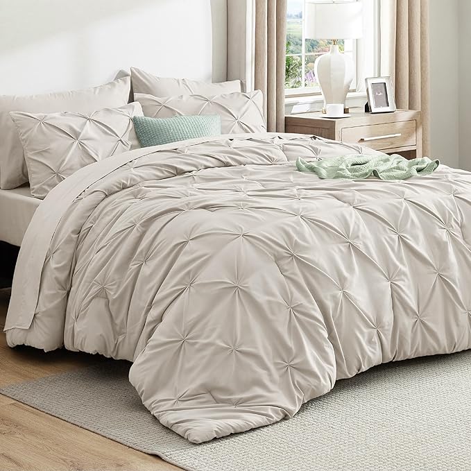 Bedsure King Comforter Set Linen - Bed in a Bag Bedding Set 7 Pieces, GentleSoft™ Pintuck Bed Set Gift for Family, Pinch Pleat All Season Comforter with Sheets, Pillowcases & Shams