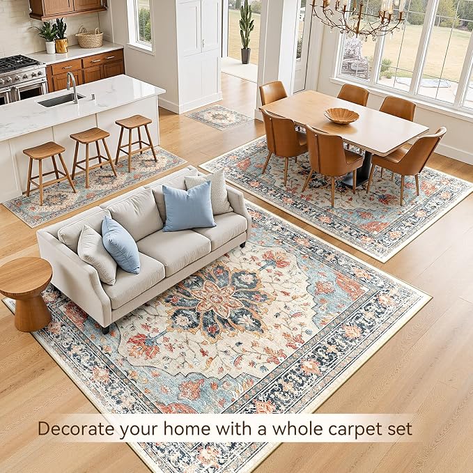 RELEANY Washable Area Rug, Water Repellent, Pet Friendly, Vintage Floral Boho - Image 4