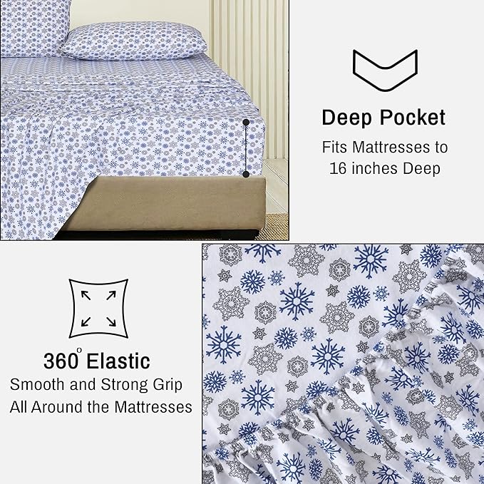 RUVANTI Flannel Sheets Twin Size - 100% Cotton Double Brushed Twin Sheets Set, Deep Pockets 16 Inches, All Seasons Breathable & Extra Soft Bed Sheets, Warm & Cozy, 3 Piece, Snow Flake Grey