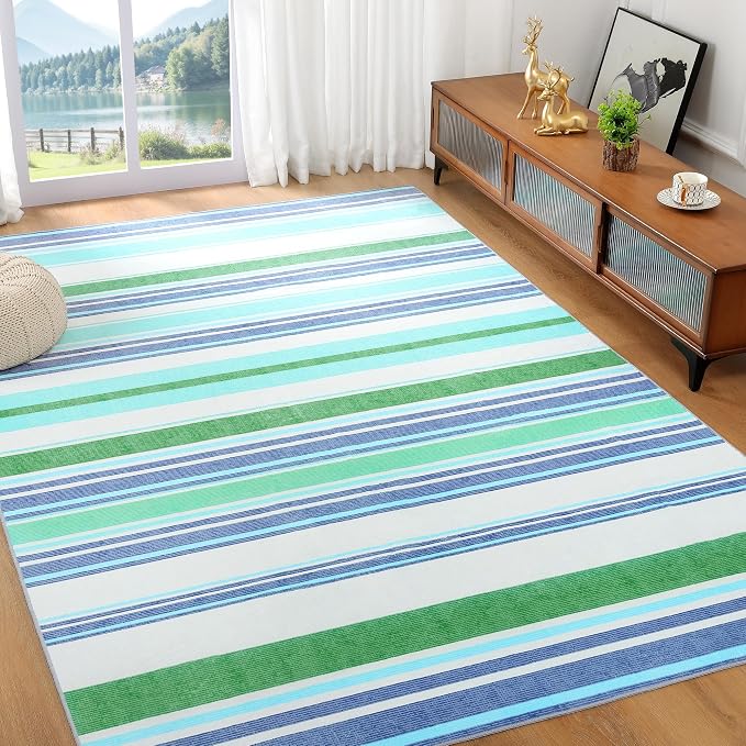 Area Rug 4x6 Blue Rug Washable Rugs Non Slip Low Pile Small Carpet - Image 2