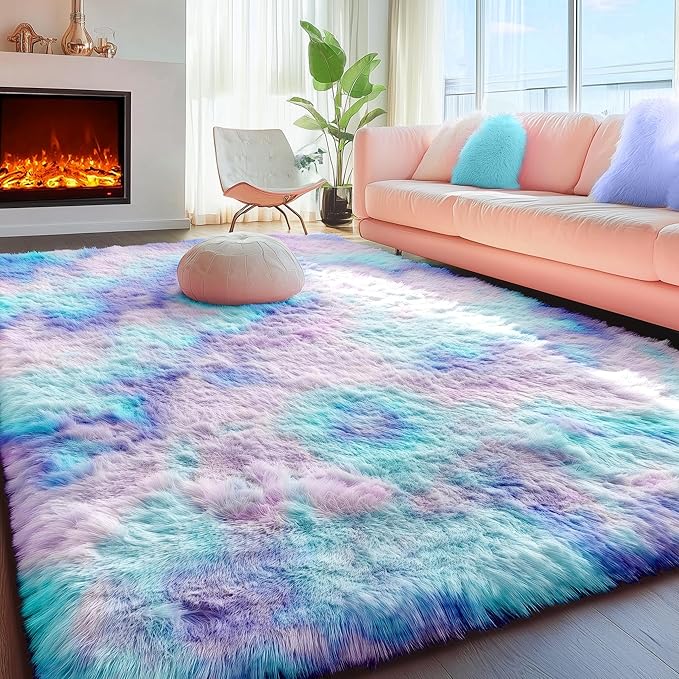 Kawaii Vibrant Rugs for Girls Bedroom, Pastel 5x8 Rainbow Purple Area Rugs | by PAGISOFE