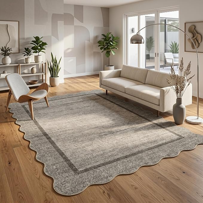 GarveeHome Scalloped Living Room Rug 5x7 Area Rug Washable Non Slip Brown | by GarveeHome