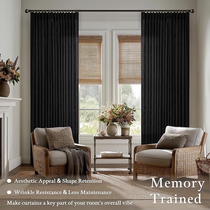 Black Pinch Pleat Linen Blend Semi Sheer Curtains - Image 2