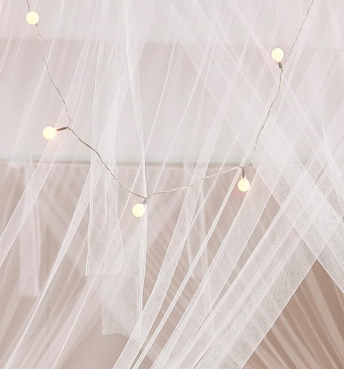 Mengersi Bed Canopy with Lights for Full Queen King Size Bed,4 Corner Post Bed Drapes Canopy for Bed,Canopy Bed Curtains Elegant Bedroom Decoration Accessories(White+Lights)