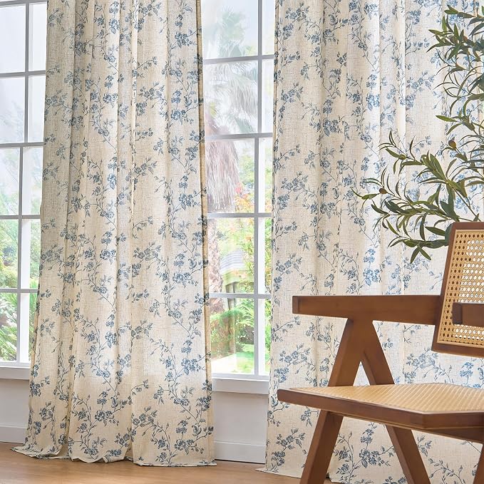 Extra Long Blue Vintage Floral Linen Curtains Farmhouse 2 Panels | Elisa - Image 9