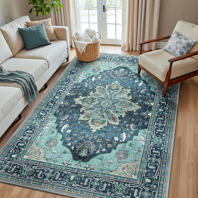 RELEANY Washable Area Rug, Teal | Non-Slip, Water Repellent, Pet Friendly by RELEANY