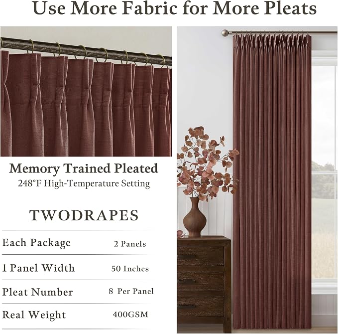 63 Inch Memory Train Linen Pleat Semi Sheer Reddish Brown Kitchen Curtains | - Image 3