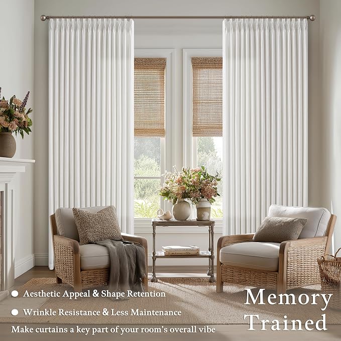 Beige White Memory Trained Pinch Pleated Semi Sheer Linen Curtains 84 Inch | - Image 2