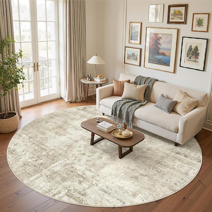 Soalmost Round Rugs 8ft Living Room Circle Area Rug 8x8 Beige/Gray Vintage | - Image 2