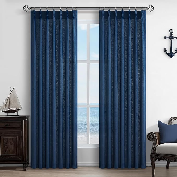 Pleat Sheer Denim Blue Curtains 84 Inch Length 2 Panels Set by PleatedDrapes