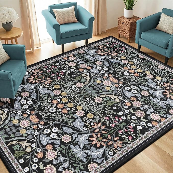 PLHXFR 6x9 Area Rug Living Room: Floral Washable Boho Carpet Dark Black | - Image 2