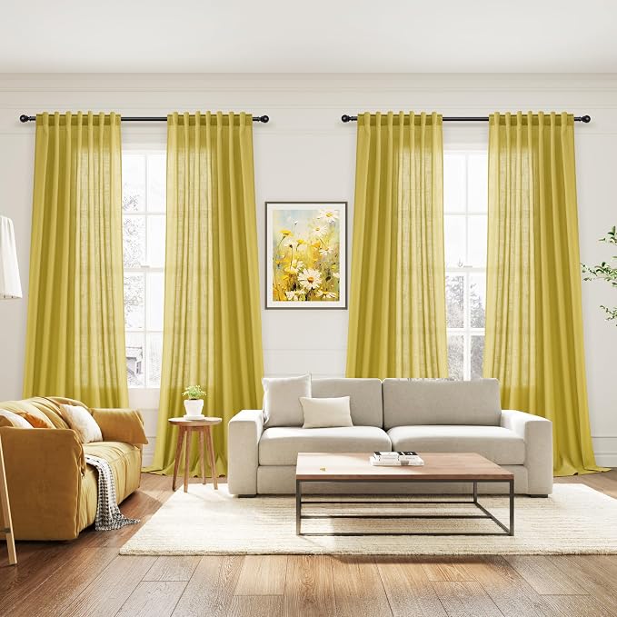 Celery Yellow Linen Curtains 90 Inches Long 2 Panel Set Back Tab Rod Pocket - Image 7