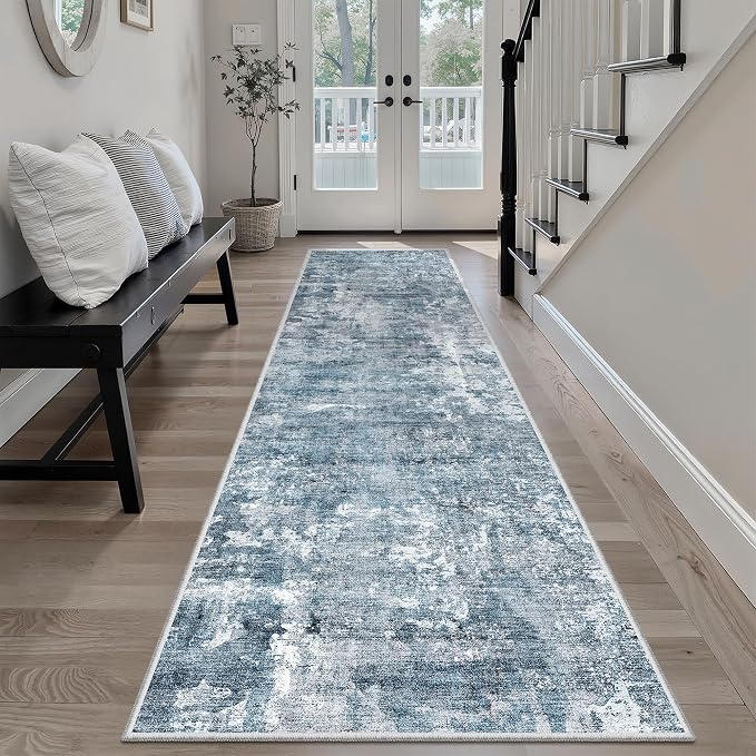 Soalmost Abstract Runner Rug 2x8 Washable Hallway Kitchen Runners Blue/Grey | - Image 3