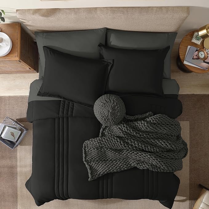 Monbix King Size Comforter Set - 7 Pieces Bed in a Bag King, Black Bedding Sets with Comforter, All Seasons Down Alternative Comforter Bed Set with Sheets, Pillowcases & Shams
