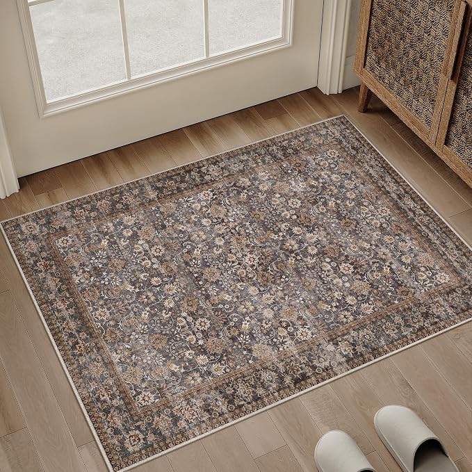 2x3 Brown Blue Vintage Floral Washable Area Rug by HUGEAR