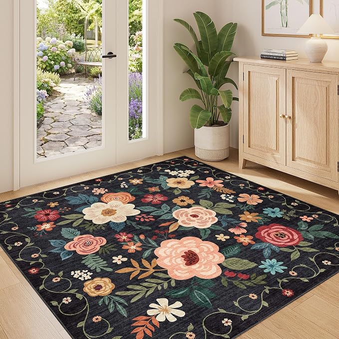 DUKINO 4x4 Square Area Rug, Soft Floral Washable Rug by DUKINO