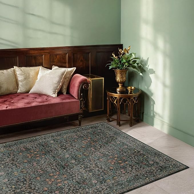 Dark Green Floral Living Room Rug 5x7 Area Rug - Image 6