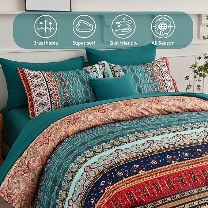 Boho Comforter Set California King Size 8 Pieces,Green and Brown Bohemian Striped Bed in a Bag,Floral Soft Microfiber Bedding Comforter Set for All Seasons