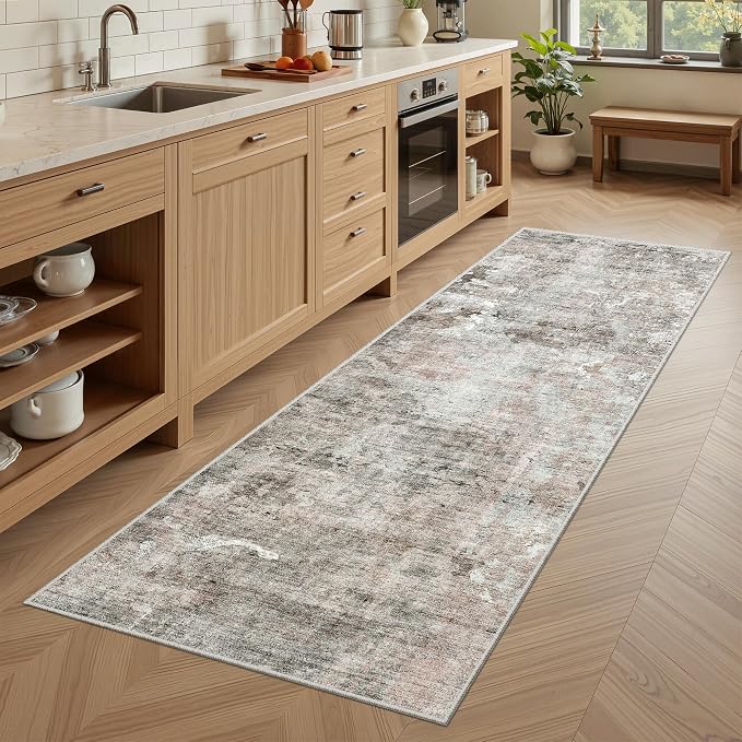 Soalmost Abstratc Runner Rug 2x6 Kitchen Hallway Runners Pink/Grey | Low-Pile - Image 2