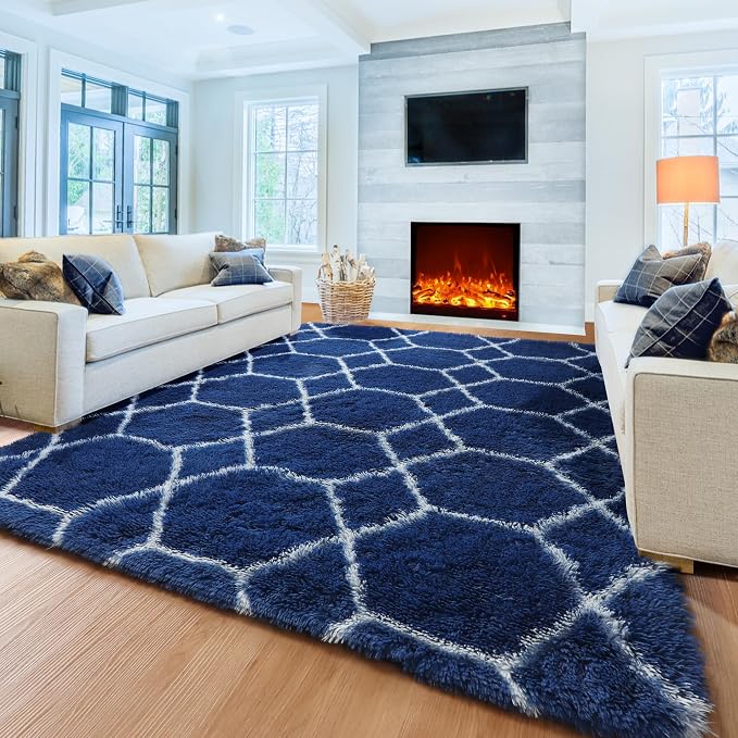 Area Rugs for Boys Bedroom Living Room, 4x6 Fluffy Navy Blue and White Rug | - Image 7