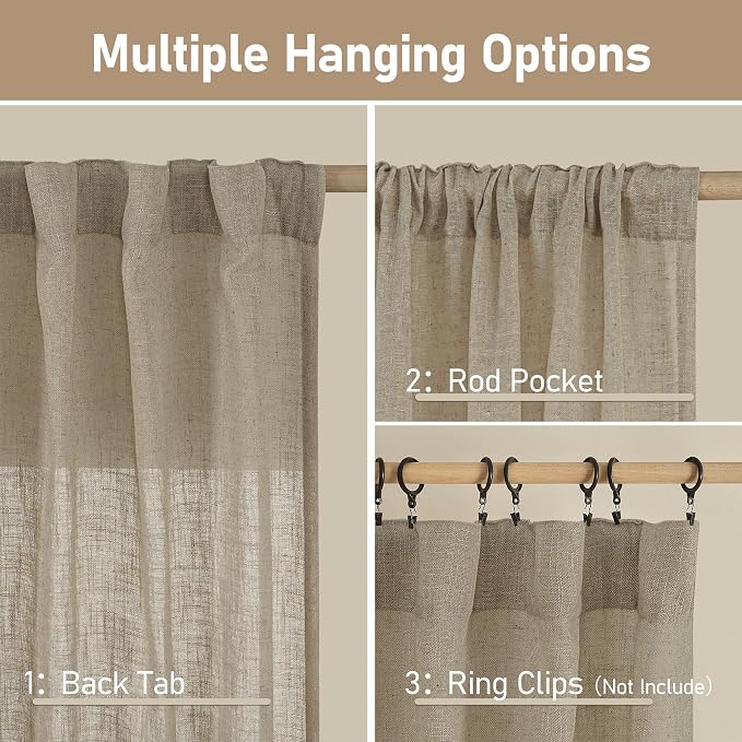 Taupe Sheer Linen Curtains 80 inch Light Filtering Semi Sheer Panels | Linen - Image 3