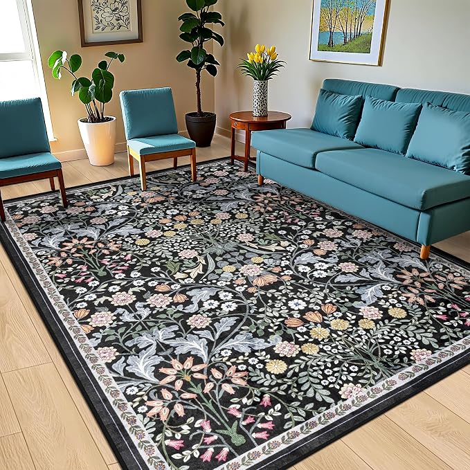 PLHXFR Area Rug 9x12 Living Room: Floral Washable Boho Carpet Dark Black | - Image 2