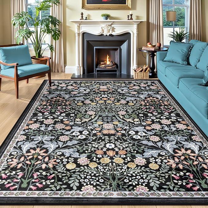 PLHXFR Area Rug 9x12 Living Room: Floral Washable Boho Carpet Dark Black | by PLHXFRSoftAreaRugs