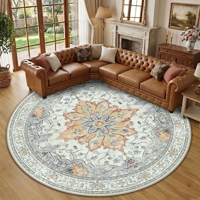 RELEANY Washable Area Rug, Round 10ft, Water Repellent, Pet Friendly, Vintage by RELEANY
