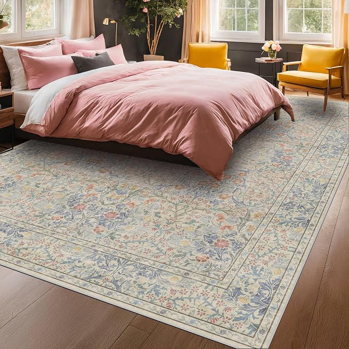 Vintage Washable Beige Blue 10x12 Rug - Image 4