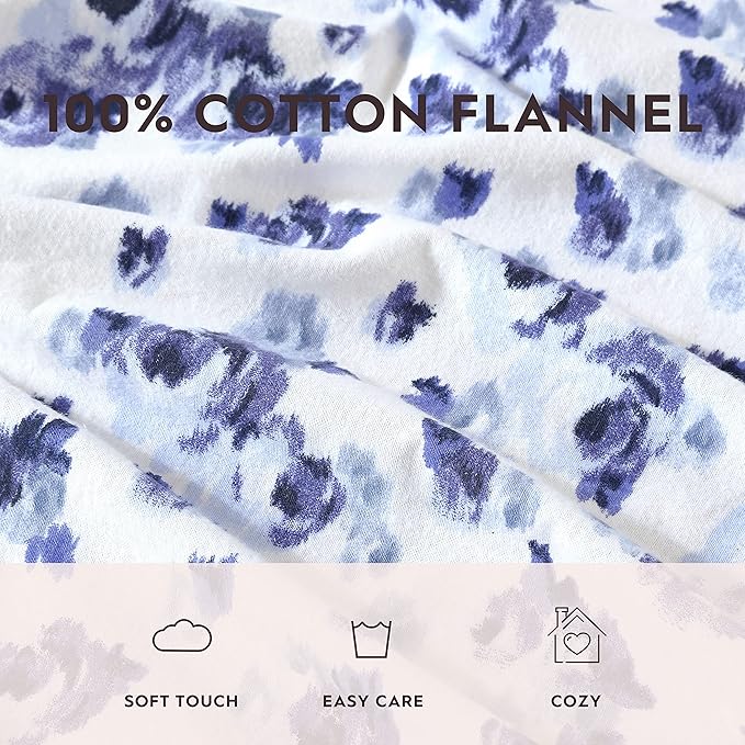 Laura Ashley - Flannel Sheets Full Size, Anti-Pilling & Wrinkle Resistant Cotton, Touchably Soft for All-Season Comfort - Bed Sheets with Matching Pillowcases & Fitted Sheet (Emelisa Blue)