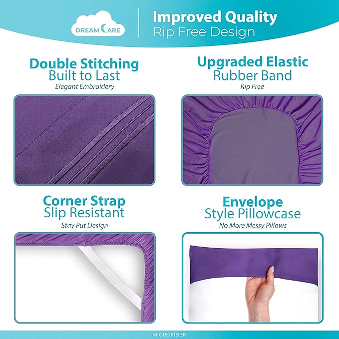 DREAMCARE Queen Sheet Set – 6 pcs Cooling Bed Sheets – up to 21” Deep Pocket Queen Sheets Set – 2500 Supreme Collection – Extra Soft 100% Brushed Microfiber Hotel Luxury with Side Pocket – Purple